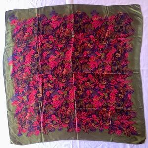 Vintage 1989 Ginnie Johansen 100% Silk Scarf Olive & Fuchsia Floral 34”
